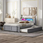 Queen Size Platform Bed with LED Lights & Trundle, Wood Storage Bed Frame with Headboard Shelf & 2 Drawers for Kids Teens Adults