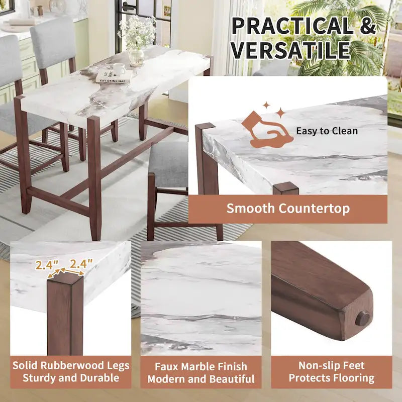 5-Piece Counter Height Dining Table Set, Faux Marble Bar Table and 4 Upholstered-Seat Chairs