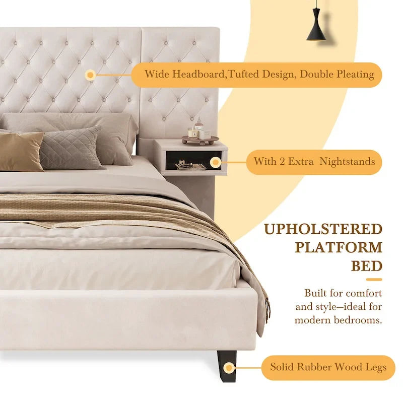 Low-Profile Platform Bed, Modern Velvet Upholstered Bed, Diamond Tufted Headboard Wingback Bed with 2 Nightstands Storage Bed