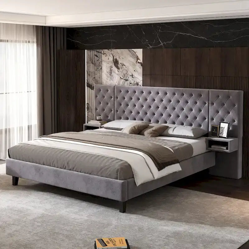 Low-Profile Platform Bed, Modern Velvet Upholstered Bed, Diamond Tufted Headboard Wingback Bed with 2 Nightstands Storage Bed