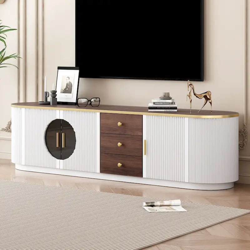 70.8 Floor Curved Storage TV Stand with 3 Drawers 3-Door Decorative TV Cabinet for TVs up to 80 Media Console Table