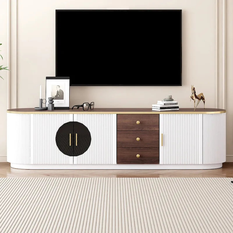 70.8 Floor Curved Storage TV Stand with 3 Drawers 3-Door Decorative TV Cabinet for TVs up to 80 Media Console Table