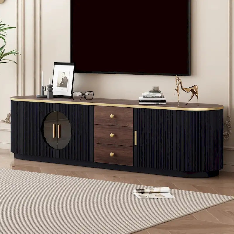 70.8 Floor Curved Storage TV Stand with 3 Drawers 3-Door Decorative TV Cabinet for TVs up to 80 Media Console Table