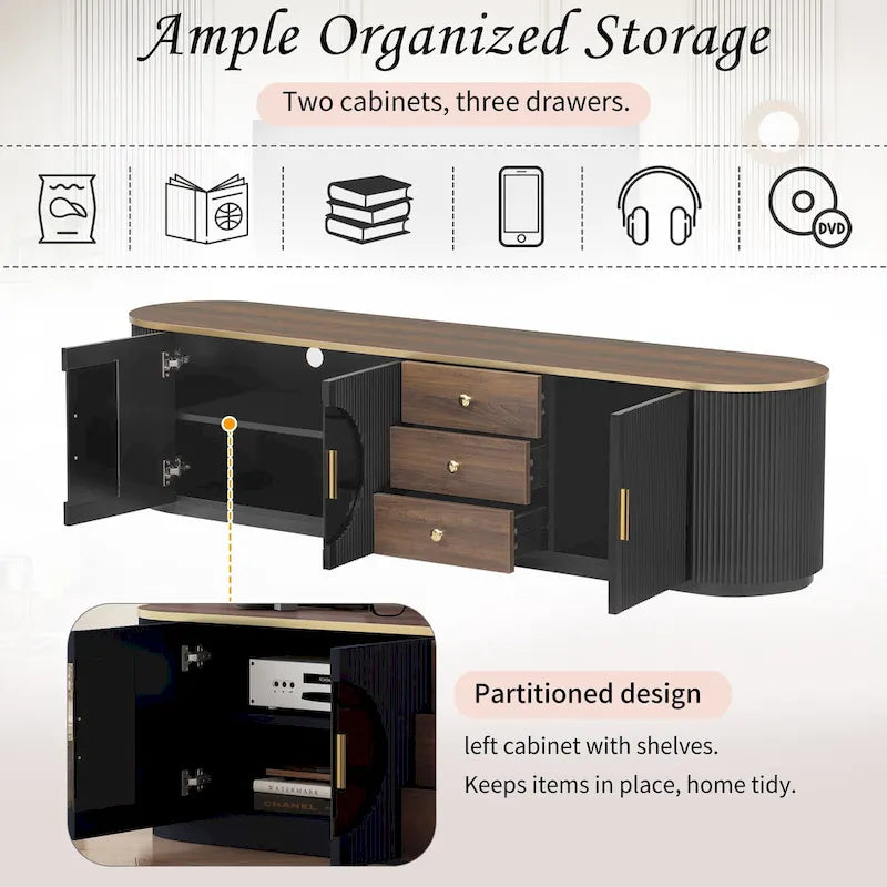 70.8 Floor Curved Storage TV Stand with 3 Drawers 3-Door Decorative TV Cabinet for TVs up to 80 Media Console Table
