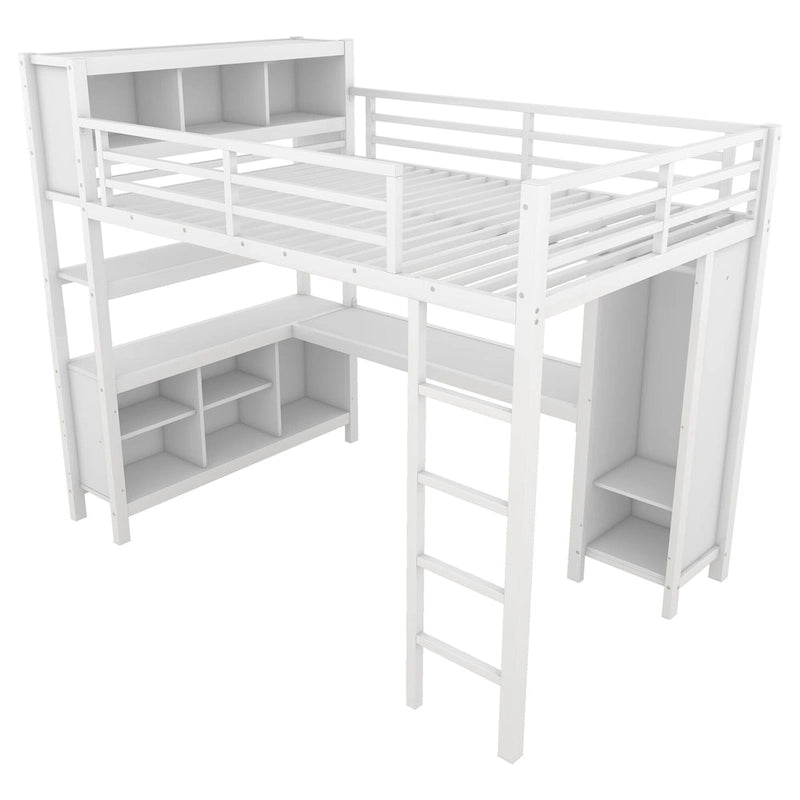 All-in-One Metal Loft Bed with L-Shaped Desk & Wardrobe, Bedrooms Bed Frame with Storage Cubes, Shelves, Full-Length Guardrails