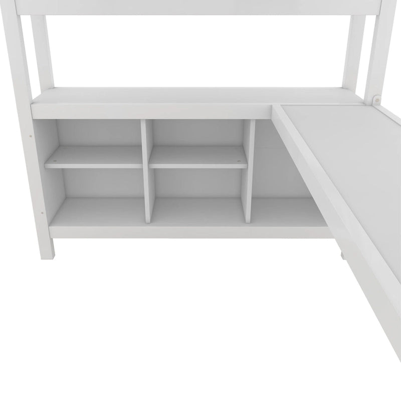 All-in-One Metal Loft Bed with L-Shaped Desk & Wardrobe, Bedrooms Bed Frame with Storage Cubes, Shelves, Full-Length Guardrails