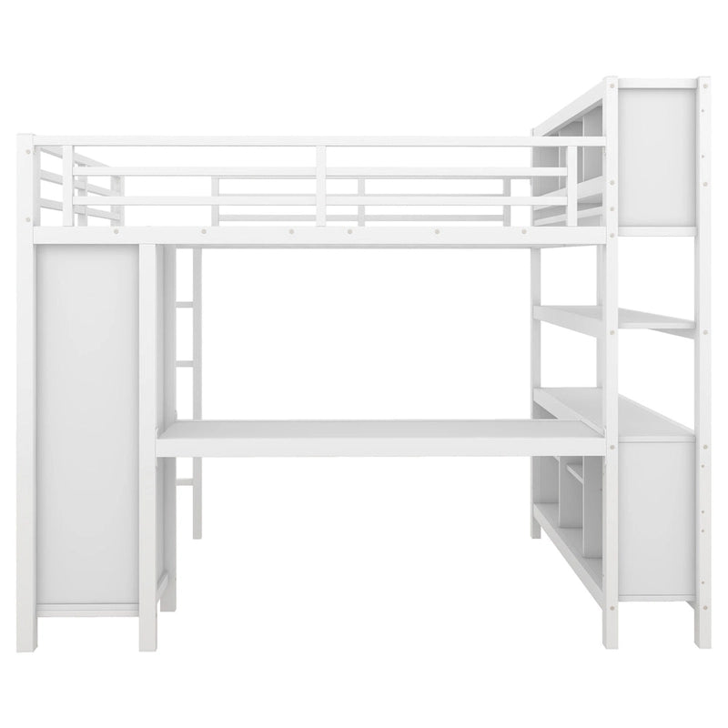 All-in-One Metal Loft Bed with L-Shaped Desk & Wardrobe, Bedrooms Bed Frame with Storage Cubes, Shelves, Full-Length Guardrails