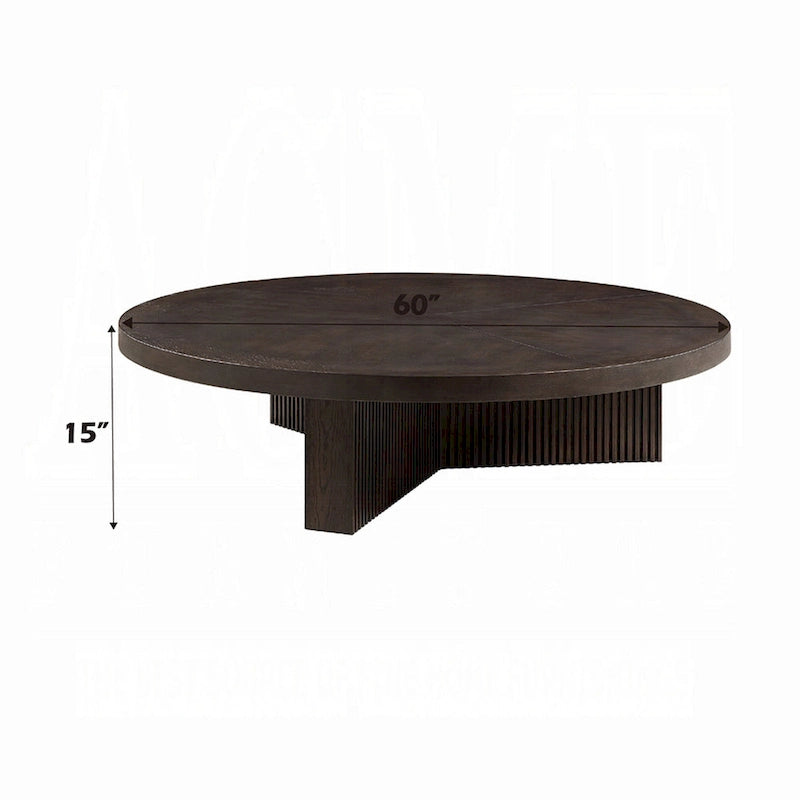 Round Coffee Table, 60 Inch, Espresso Brown Wood, Tri Fluted Legs