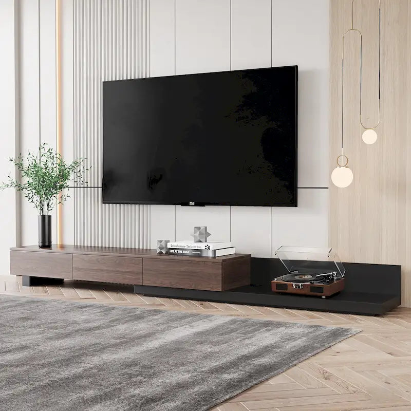 3-Drawers Retracted Extendable TV Stand Media Console In Stretch 70- 110