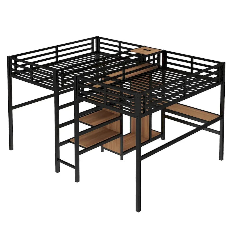 Twin Over Twin Metal Loft Bed with Double Desk and Wardrobe and Shelves with Electrical Outlet for Space Saving