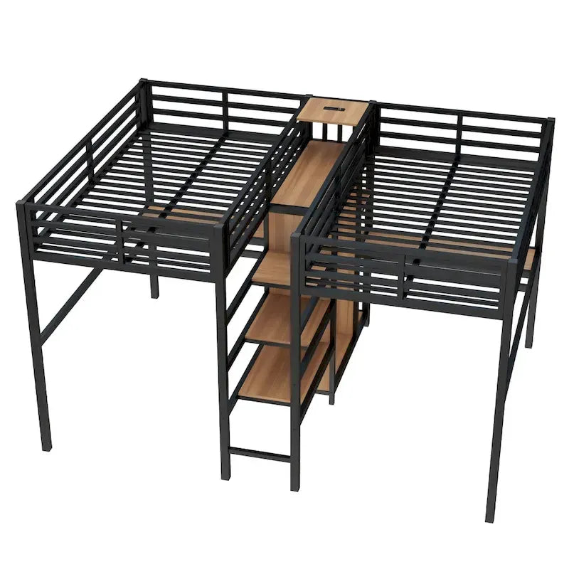 Twin Over Twin Metal Loft Bed with Double Desk and Wardrobe and Shelves with Electrical Outlet for Space Saving