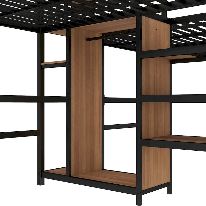 Twin Over Twin Metal Loft Bed with Double Desk and Wardrobe and Shelves with Electrical Outlet for Space Saving