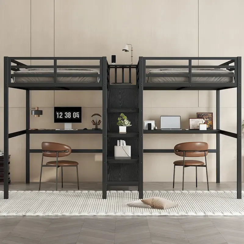 Twin Over Twin Metal Loft Bed with Double Desk and Wardrobe and Shelves with Electrical Outlet for Space Saving