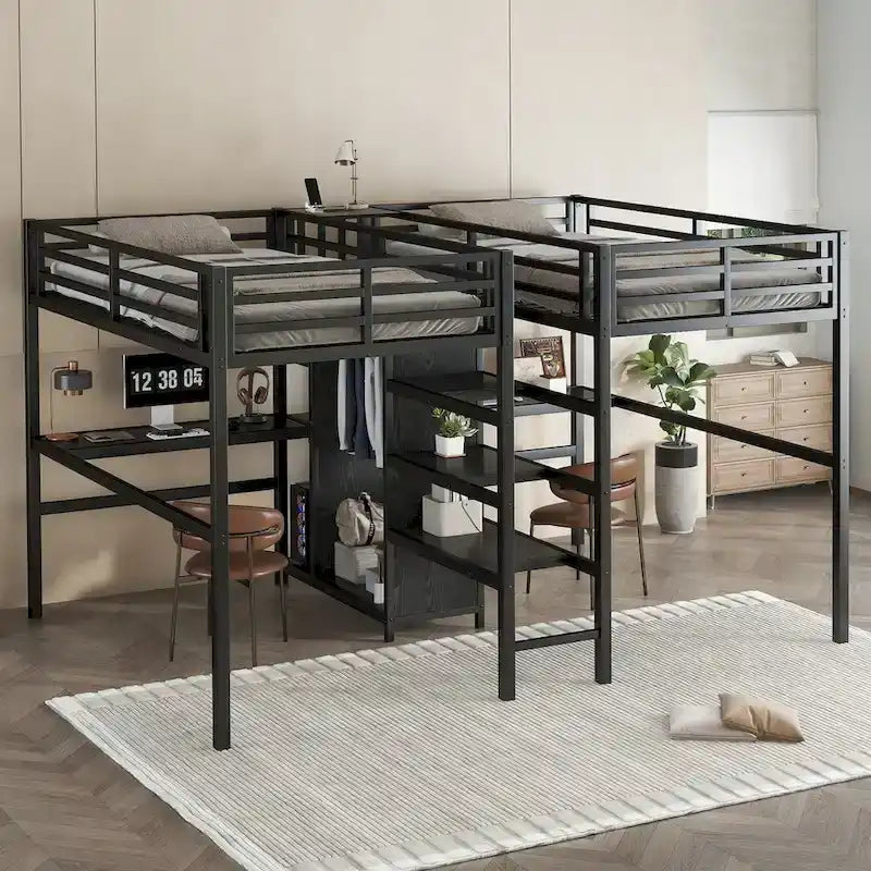 Twin Over Twin Metal Loft Bed with Double Desk and Wardrobe and Shelves with Electrical Outlet for Space Saving