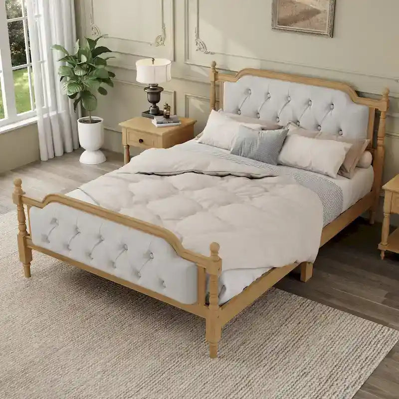 Full Size French Provincial Bed With Tufted Upholstered Headboard And Solid Pine Frame