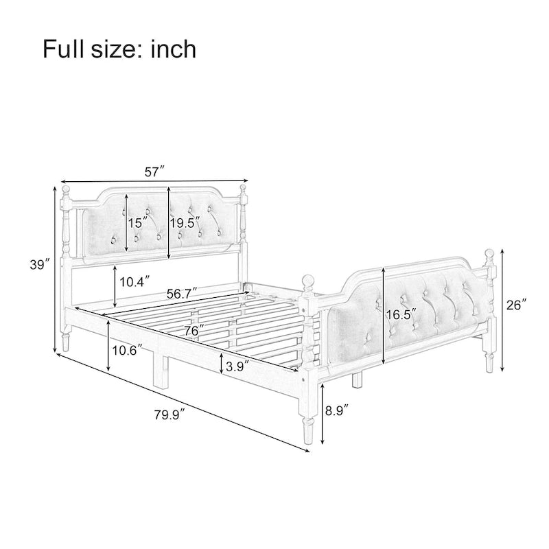 Full Size French Provincial Bed With Tufted Upholstered Headboard And Solid Pine Frame