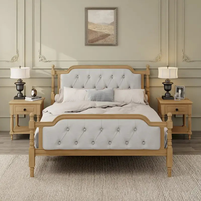 Full Size French Provincial Bed With Tufted Upholstered Headboard And Solid Pine Frame