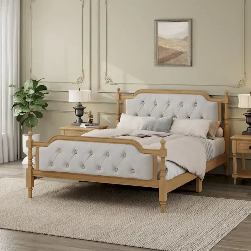 Full Size French Provincial Bed With Tufted Upholstered Headboard And Solid Pine Frame