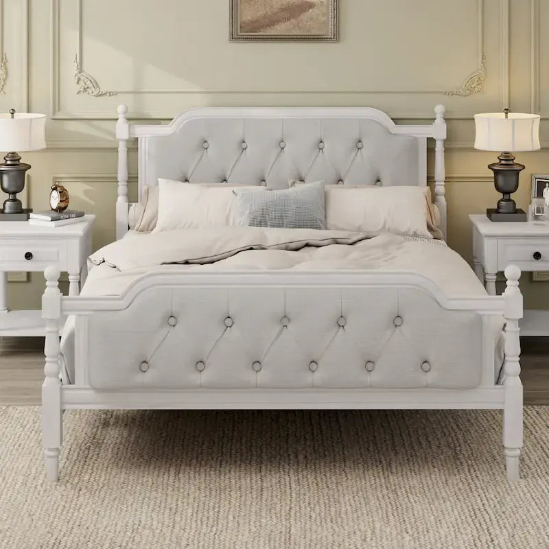 Full Size French Provincial Bed With Tufted Upholstered Headboard And Solid Pine Frame