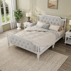 Full Size French Provincial Bed With Tufted Upholstered Headboard And Solid Pine Frame