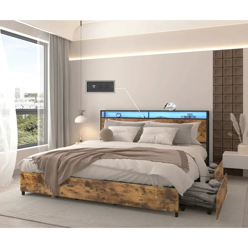 King Smart Storage Bed with LED Lights And Charging Station , 4 Drawers, 60,000+ RGB Colors