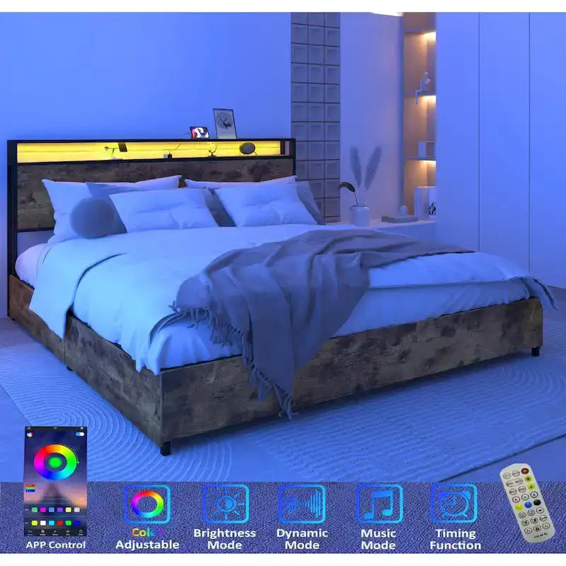 King Smart Storage Bed with LED Lights And Charging Station , 4 Drawers, 60,000+ RGB Colors