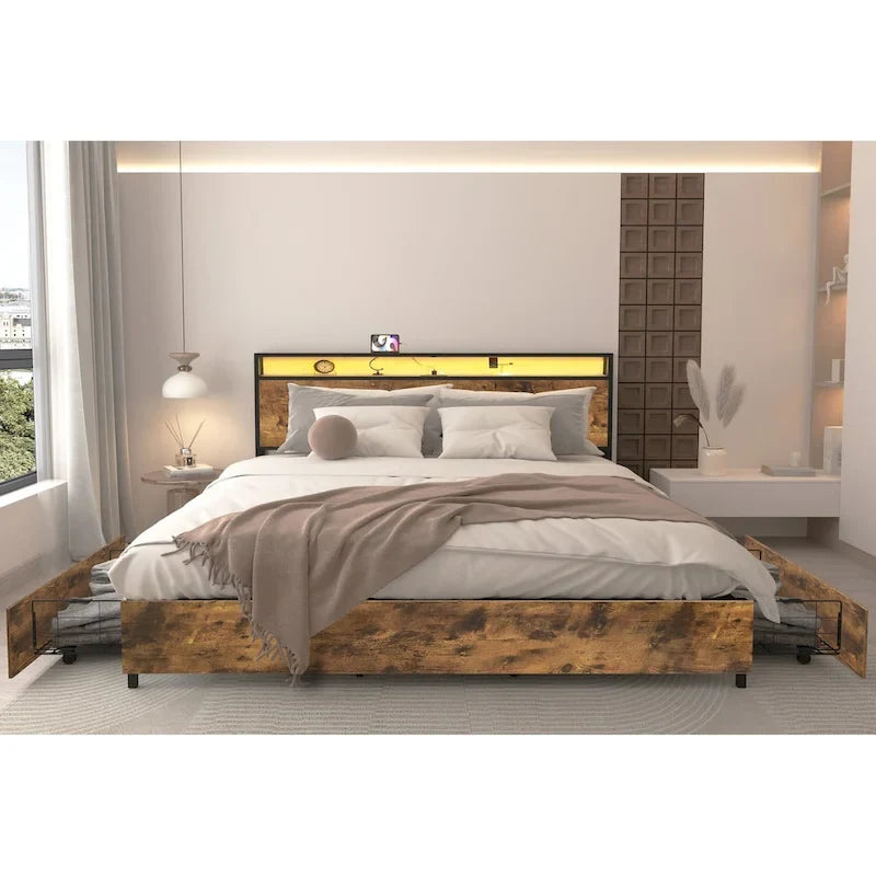 King Smart Storage Bed with LED Lights And Charging Station , 4 Drawers, 60,000+ RGB Colors