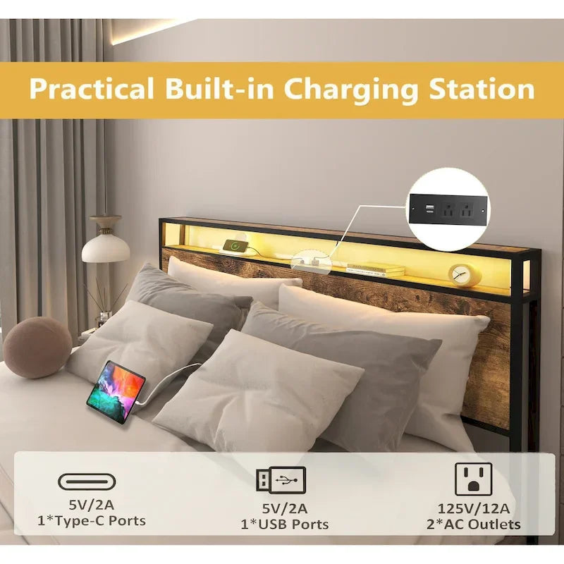 King Smart Storage Bed with LED Lights And Charging Station , 4 Drawers, 60,000+ RGB Colors