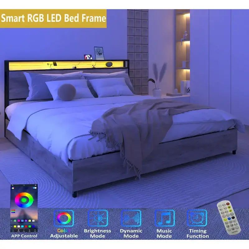 King Smart Storage Bed with LED Lights And Charging Station , 4 Drawers, 60,000+ RGB Colors