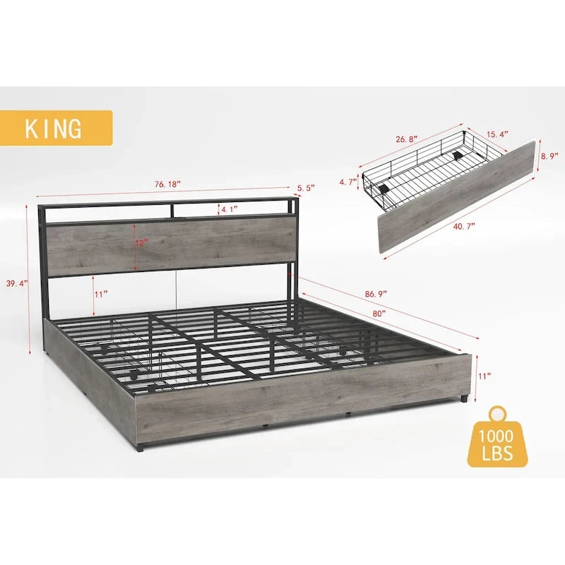 King Smart Storage Bed with LED Lights And Charging Station , 4 Drawers, 60,000+ RGB Colors