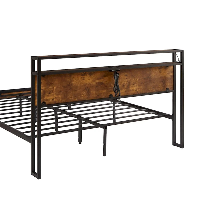 King Size Metal Platform Bed with LED Lights,Wooden Headboard and Two Drawers for Bedroom