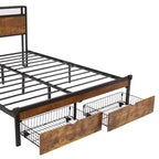 King Size Metal Platform Bed with LED Lights,Wooden Headboard and Two Drawers for Bedroom