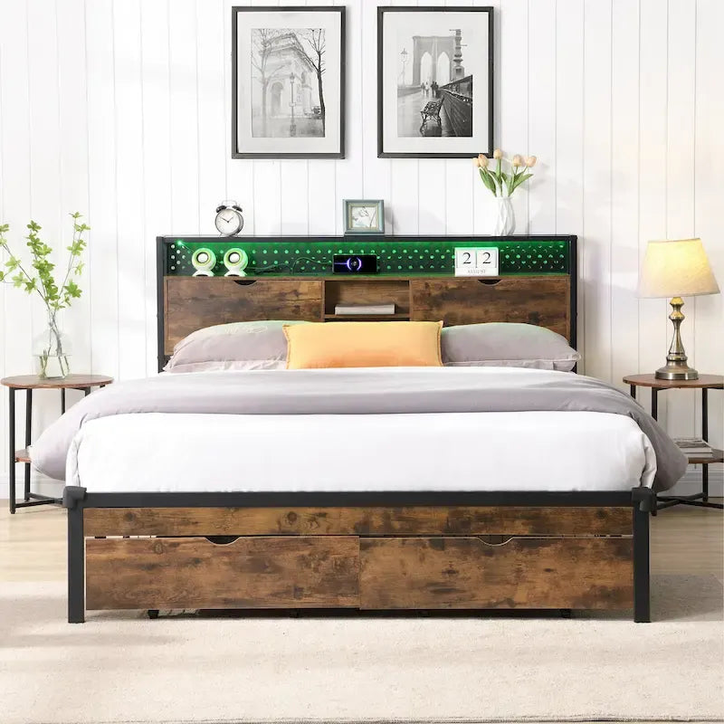 King Size Metal Platform Bed with Wooden Headboard, Drawers, and LEDs
