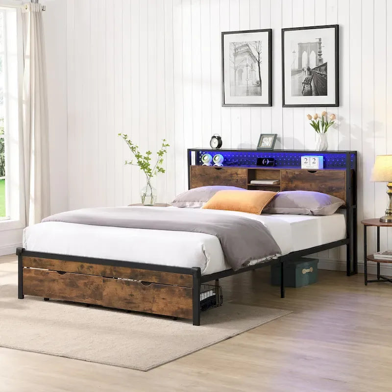 King Size Metal Platform Bed with Wooden Headboard, Drawers, and LEDs