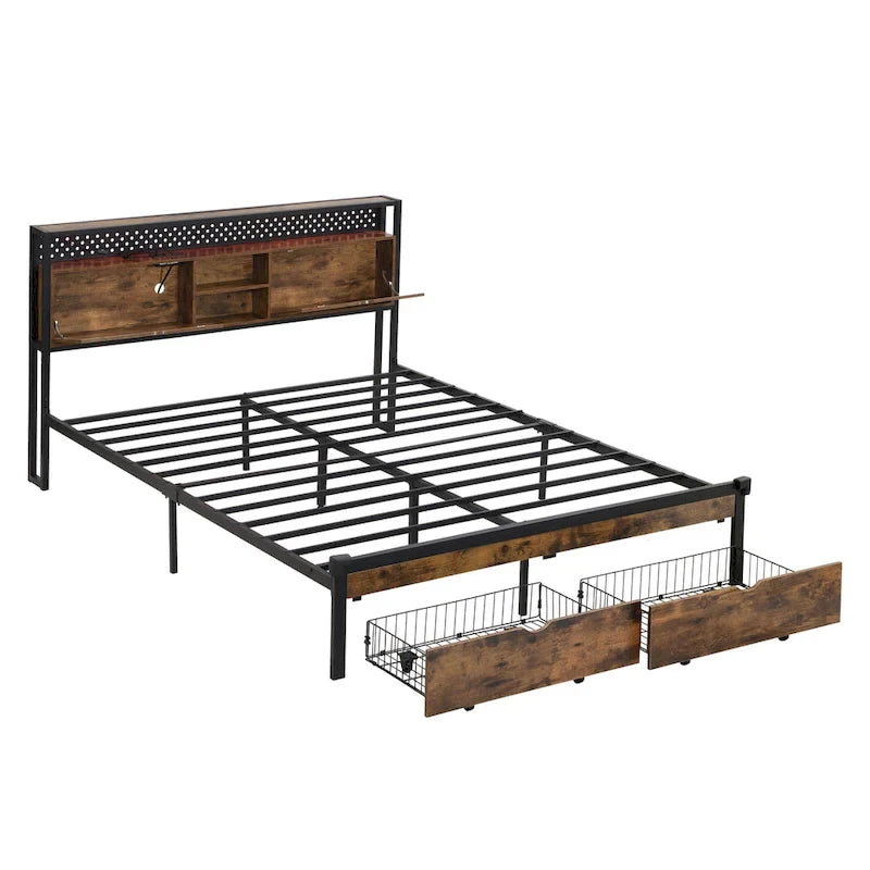 King Size Metal Platform Bed with Wooden Headboard, Drawers, and LEDs