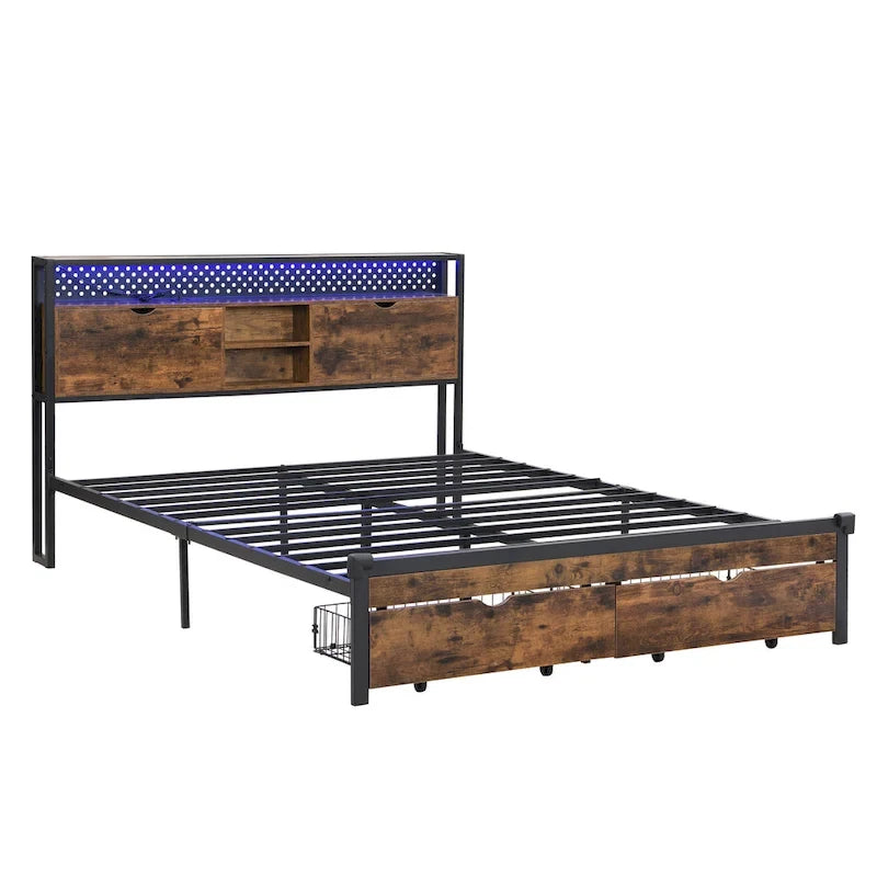 King Size Metal Platform Bed with Wooden Headboard, Drawers, and LEDs