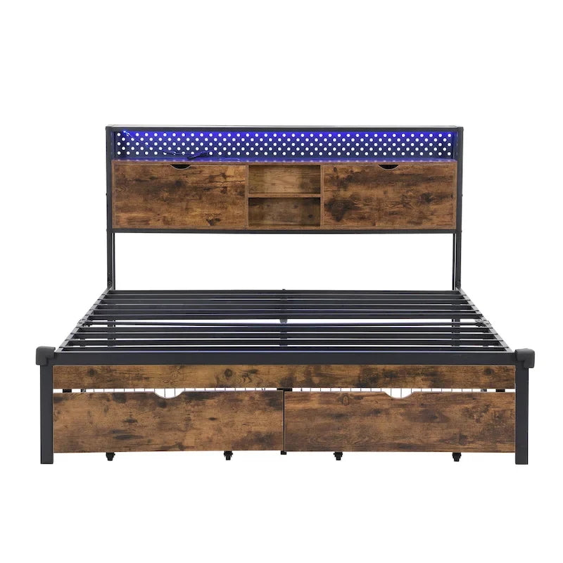 King Size Metal Platform Bed with Wooden Headboard, Drawers, and LEDs