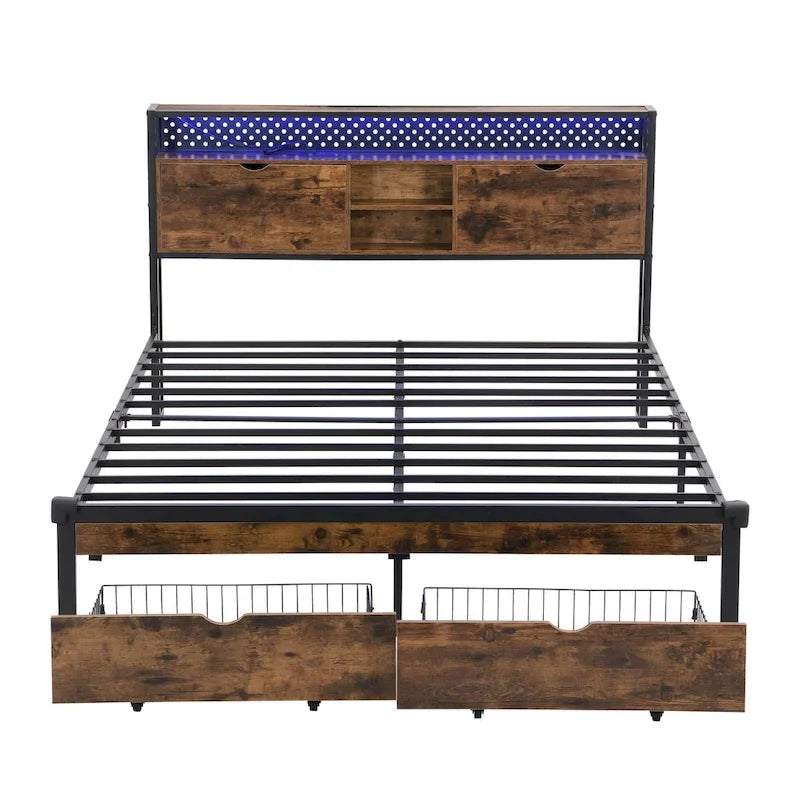 King Size Metal Platform Bed with Wooden Headboard, Drawers, and LEDs