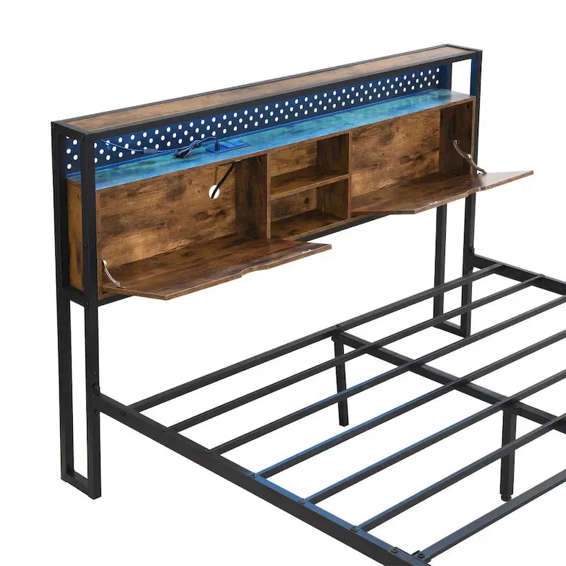 King Size Metal Platform Bed with Wooden Headboard, Drawers, and LEDs