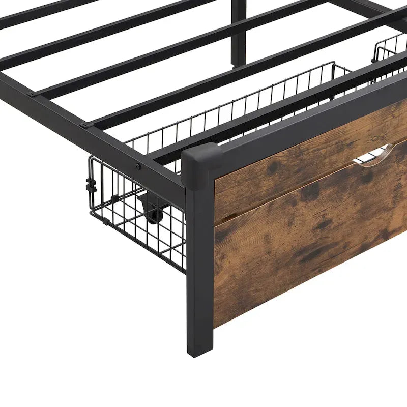 King Size Metal Platform Bed with Wooden Headboard, Drawers, and LEDs