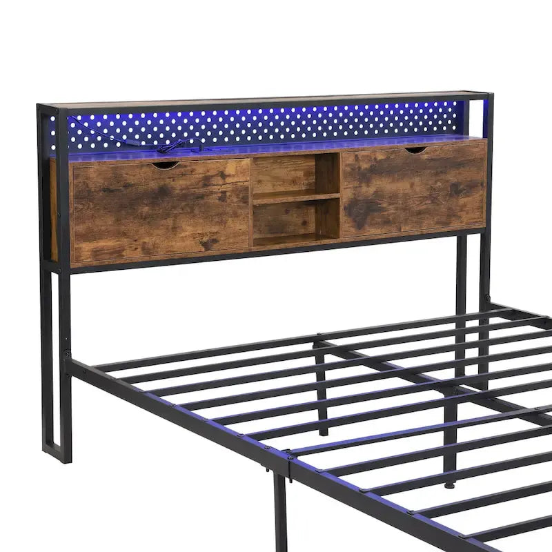 King Size Metal Platform Bed with Wooden Headboard, Drawers, and LEDs