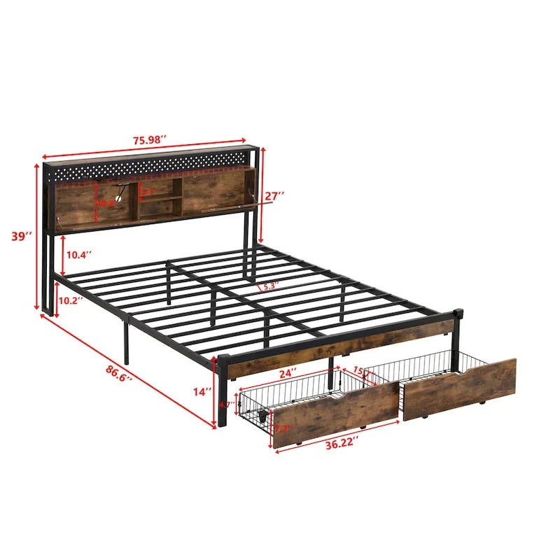 King Size Metal Platform Bed with Wooden Headboard, Drawers, and LEDs