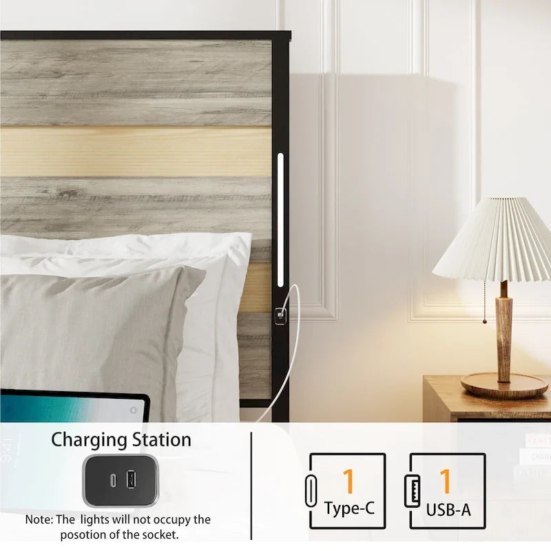 Queen Size Metal Platform Bed with Charging Station and 4 Drawers