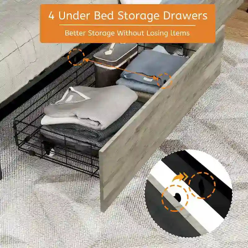 Queen Size Metal Platform Bed with Charging Station and 4 Drawers