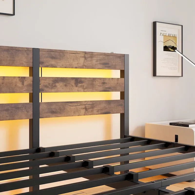 Beige+Brown Queen Size Modern Metal Bed with Wooden Headboard,RGB Lights and Storage Shelf for Bedroom