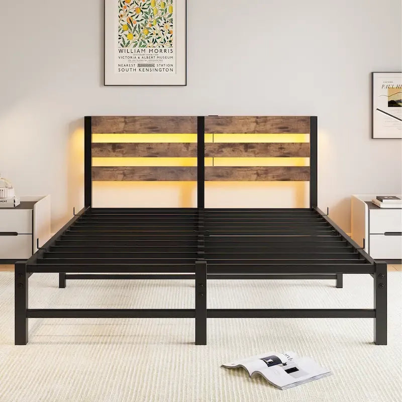 Beige+Brown Queen Size Modern Metal Bed with Wooden Headboard,RGB Lights and Storage Shelf for Bedroom