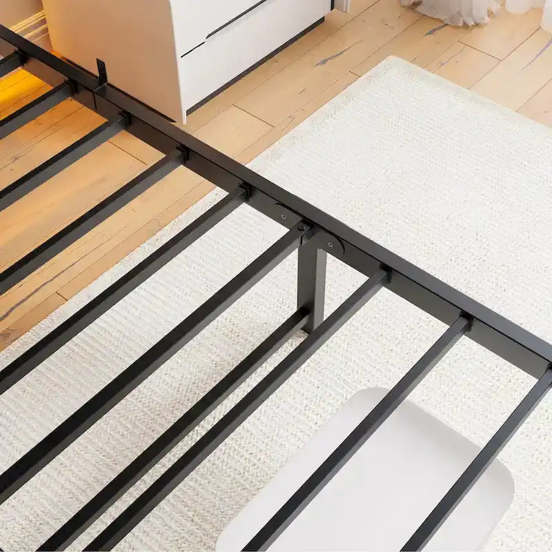 Beige+Brown Queen Size Modern Metal Bed with Wooden Headboard,RGB Lights and Storage Shelf for Bedroom