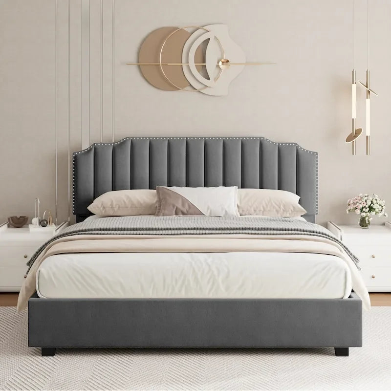 Gray Full Size Modern Style Velvet Upholstered Platform Bed with Storage Space for Bedroom