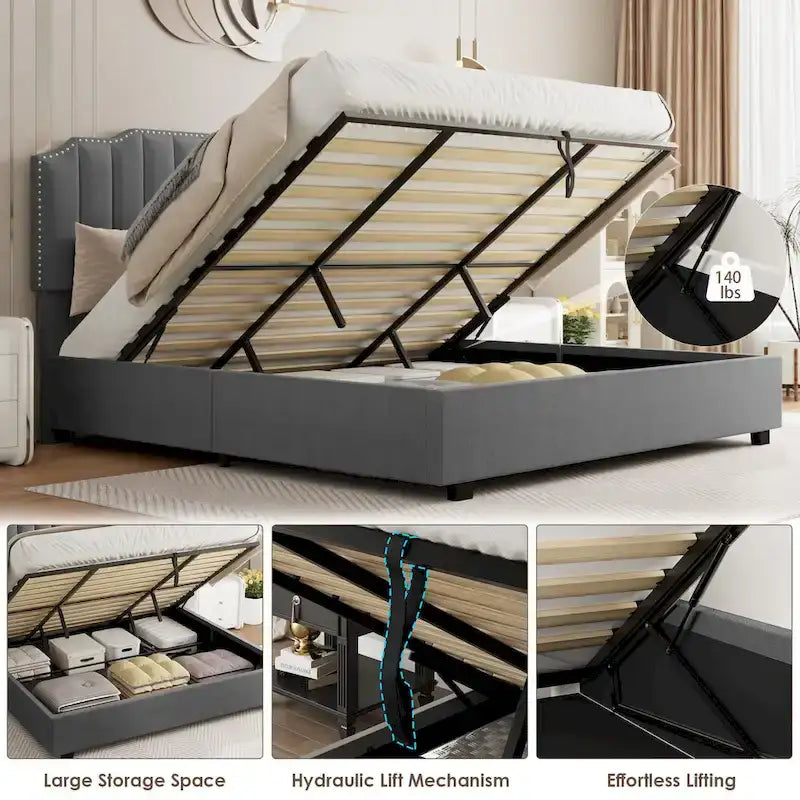 Gray Full Size Modern Style Velvet Upholstered Platform Bed with Storage Space for Bedroom