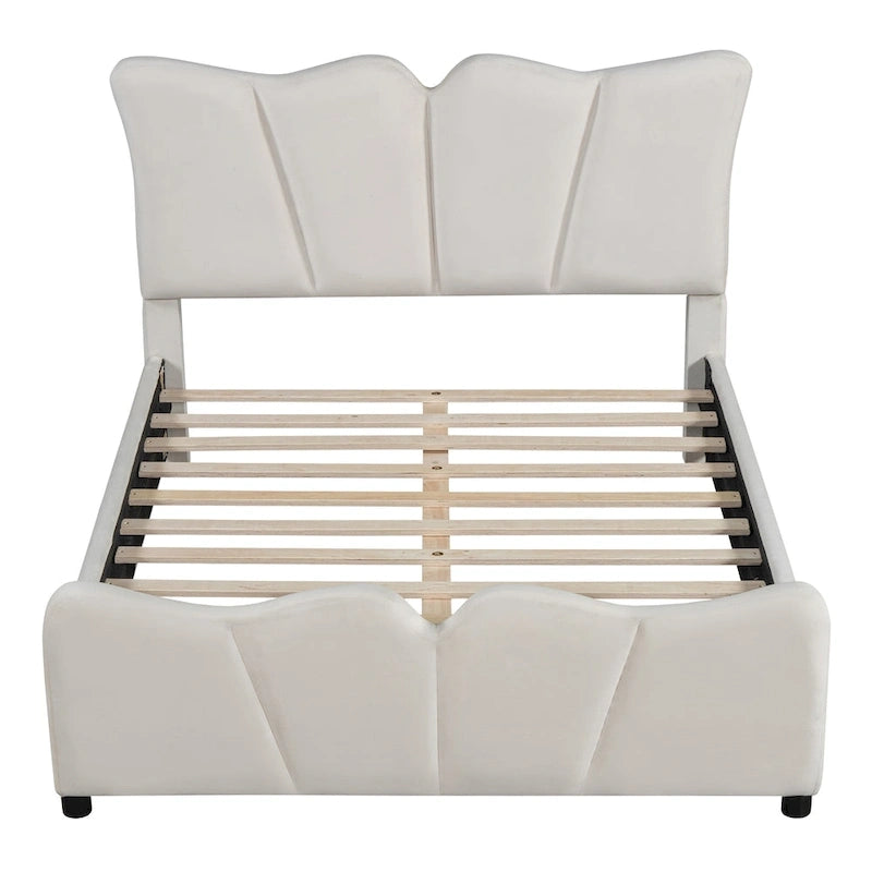 Beige Full Size Velvet Upholstered Platform Bed with Distinctive Headboard and Footboard